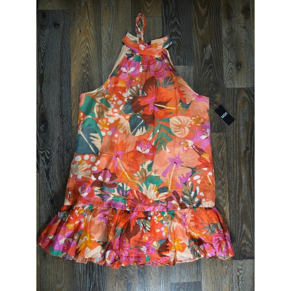 MSK Dresses & Skirts - MSK Women Orange Tropical Floral Halter Mini Dress Tiered Ruffle Hem Large NEW